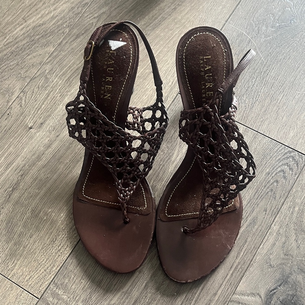 Lauren Ralph Lauren Dark Brown Braided Leather T-Strap Sandals